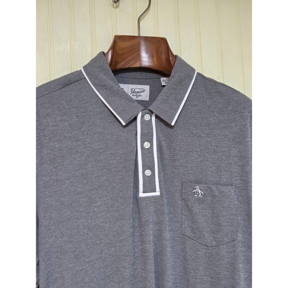 Original Penguin Polo Shirt Mens XL Gray Contrast Tipped Trim Pocket Logo Piping - Picture 1 of 9